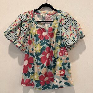 umgee usa Women’s Floral Puff Sleeve Top Blouse Sz L Party Resortwear Colorful